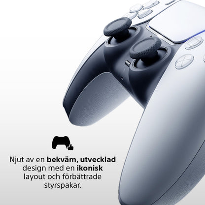 Sony DualSense V3 trådløs controller lilla, svensk tekst om layout og forbedrede tommelfingersticks, controllerikon.