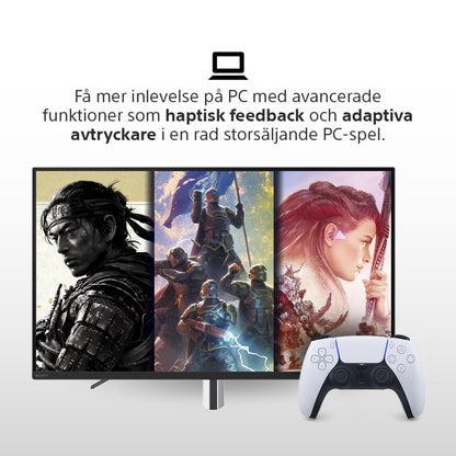 Sony DualSense V3 Trådløs controller lilla foran skærm med tre spilfigurer og svensk tekst om pc-funktioner.