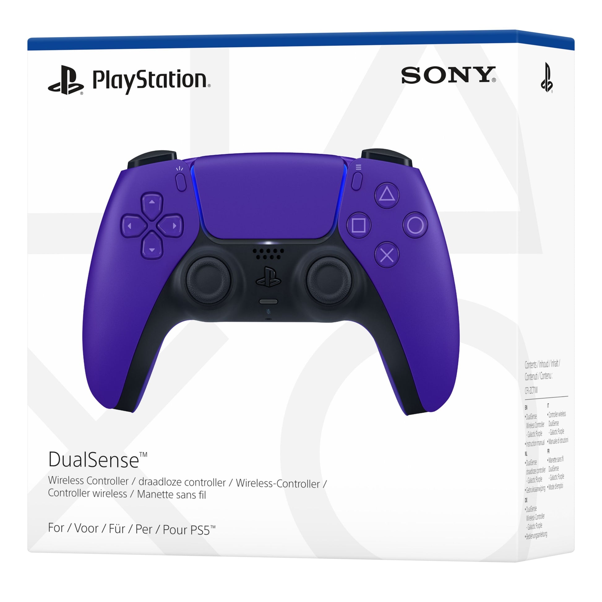 Sony DualSense V3 trådløs controller lilla vist på æske med PlayStation-logo, Sony-logo og flersprogede produktdetaljer.