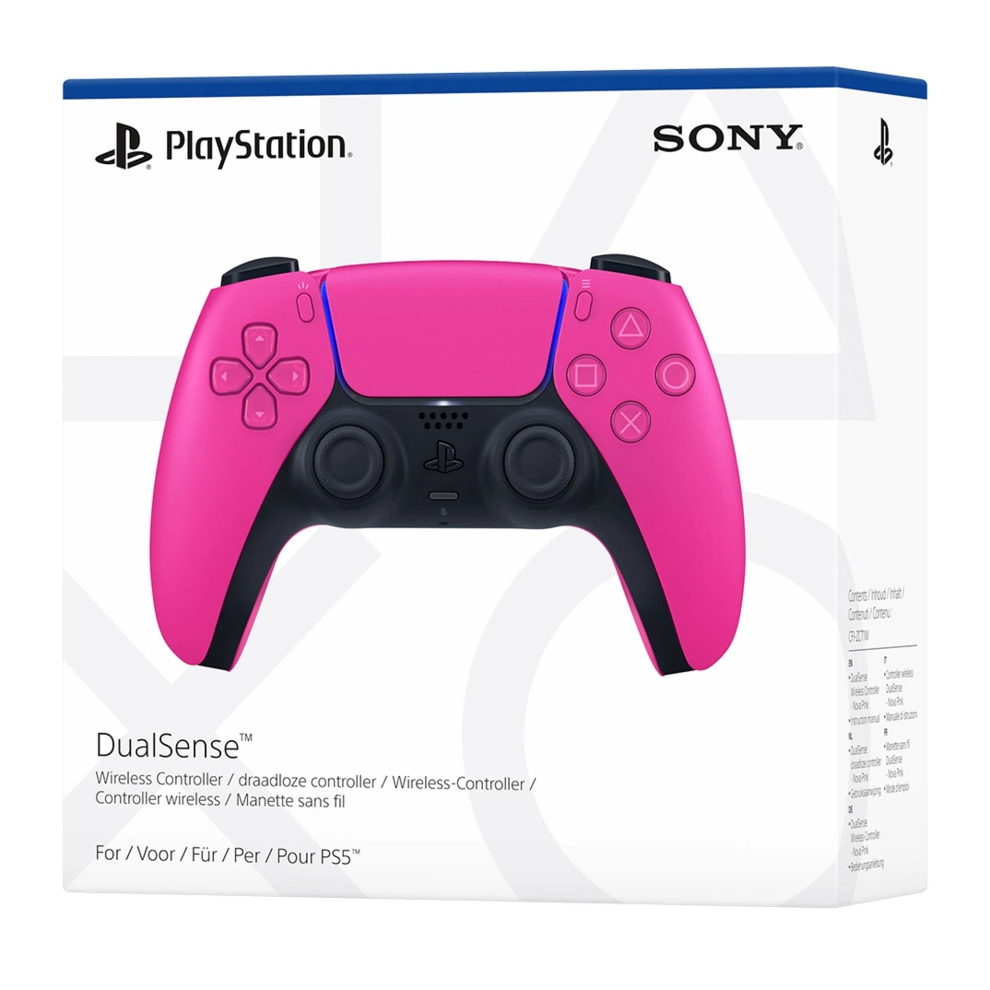Sony DualSense V3 trådløs controller pink i original hvid/blå emballage med synligt Sony-logo.