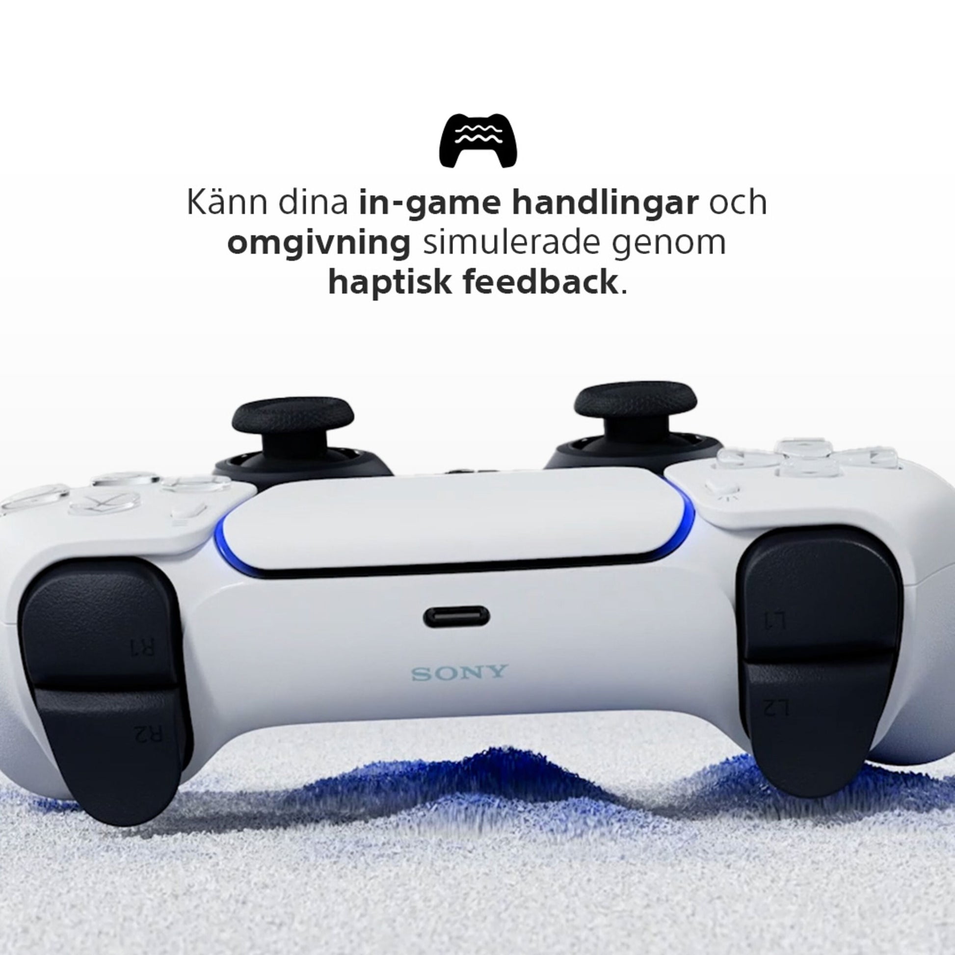 Sony DualSense V3 trådløs controller blå, svensk tekst om haptisk feedback ses over controlleren.