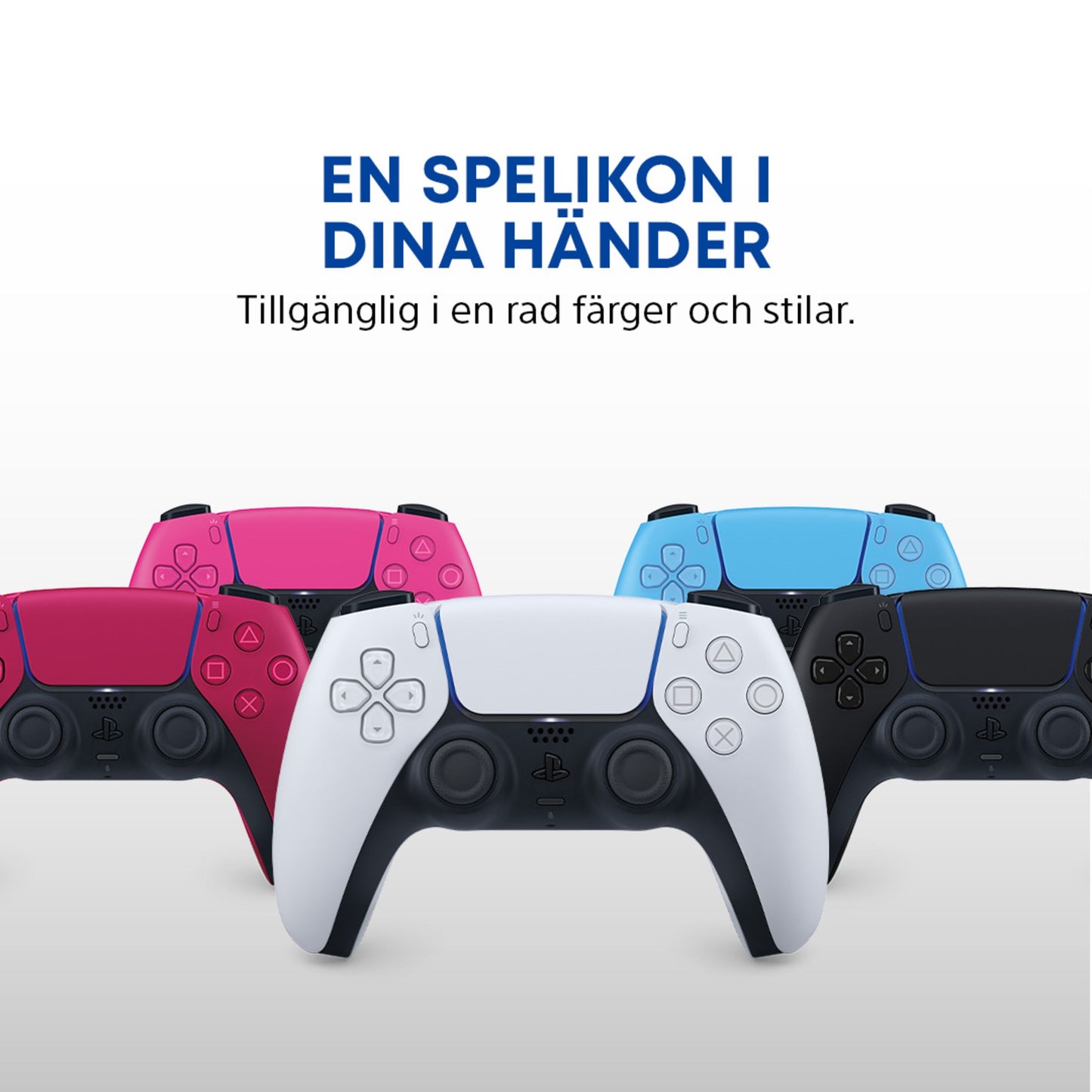 Sony DualSense V3 Trådløs controller i hvid, pink, rød, blå og sort med svensk tekst EN SPELIKON I DINA HÄNDER.