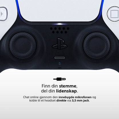Sony DualSense V3 Trådløs controller blå med norsk tekst, indbygget mikrofon og 3,5 mm jack til headset vises tæt på.