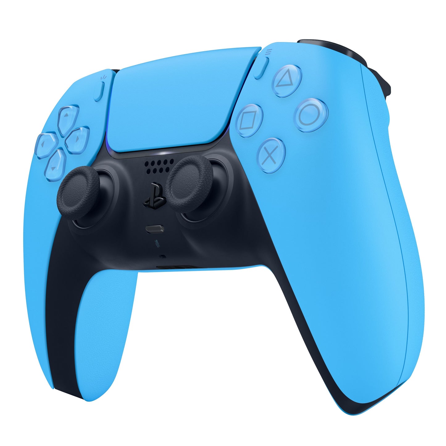 Sony DualSense V3 trådløs controller blå til PlayStation 5 set nedefra med joysticks og knapper synlige.
