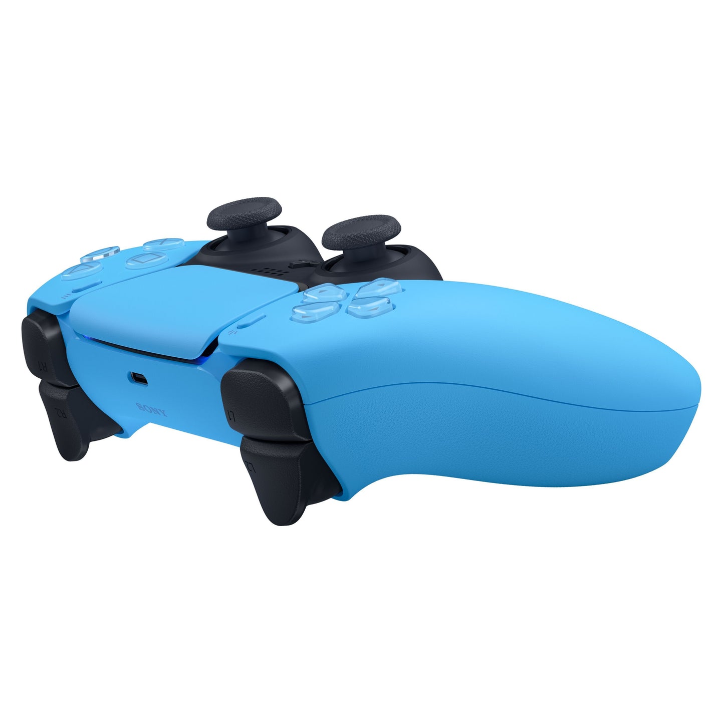 Sony DualSense V3 trådløs controller blå, skrå vinkel, sorte knapper og styrepinde.