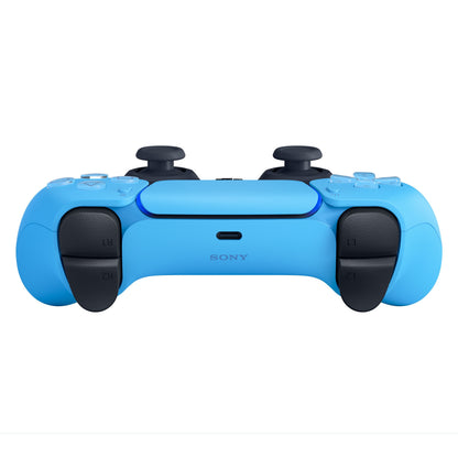Sony DualSense V3 Trådløs controller blå, frontvisning med sorte analogsticks, knapper, triggere og topcenter opladningsport.
