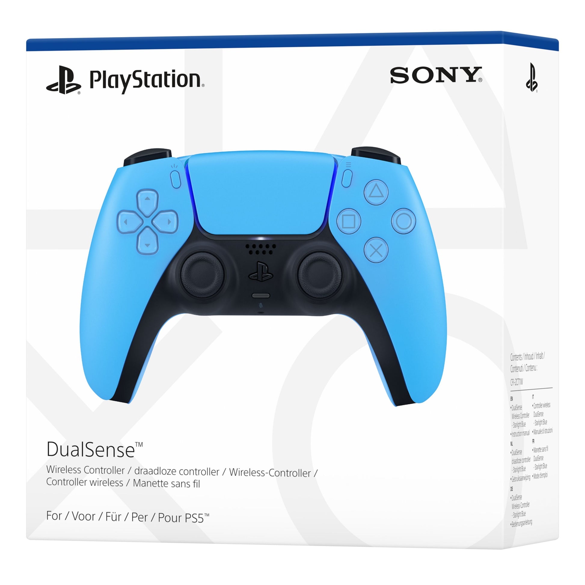Sony DualSense V3 trådløs controller blå med Sony- og PlayStation-logoer samt PS5-kompatibilitet vist på æsken.