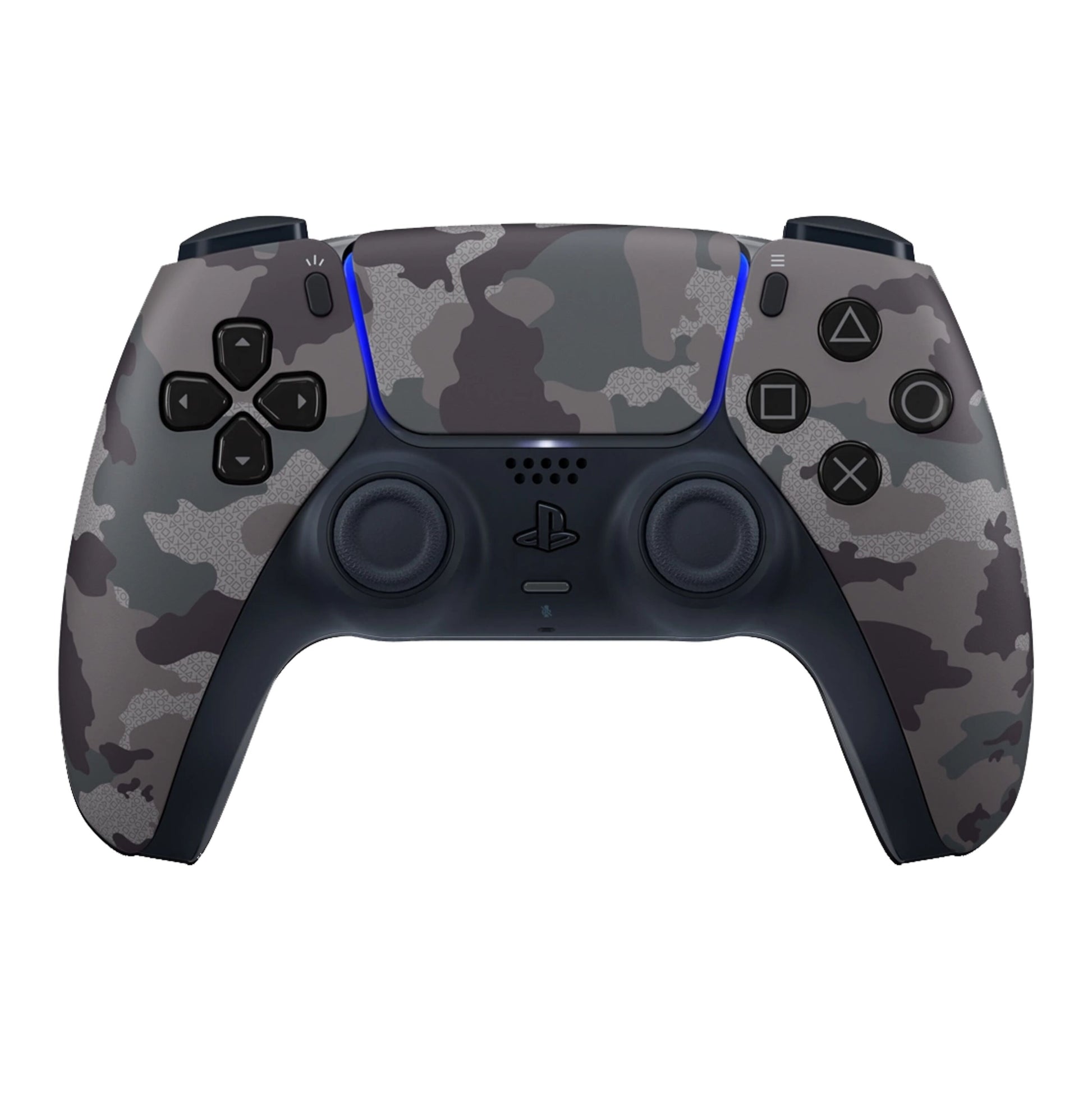 Sony DualSense V3 trådløs controller til PlayStation 5, grå camo-design, standardknapper og touchpad.