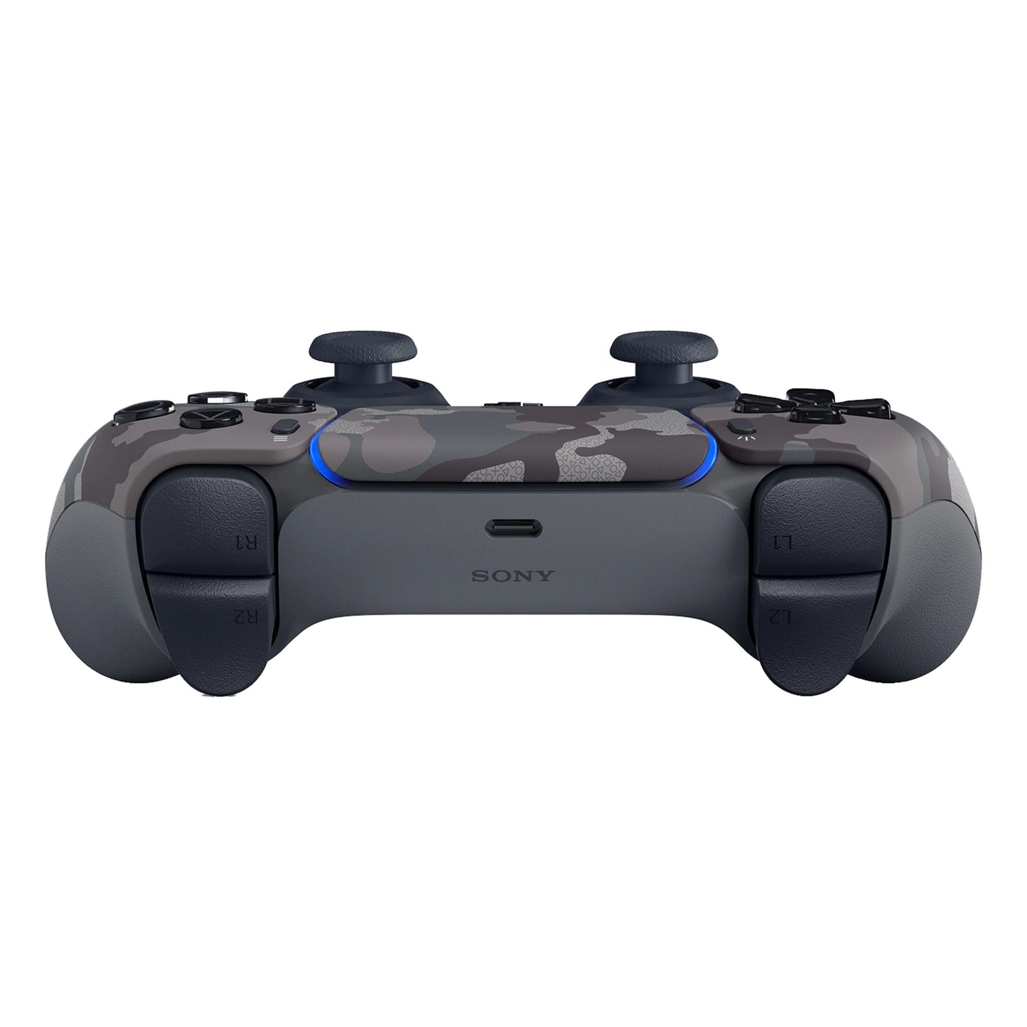 PlayStation 5 DualSense V3 trådløs controller Grey Camo sæt forfra med camouflage-design, analoge pinde, knapper og USB-port.