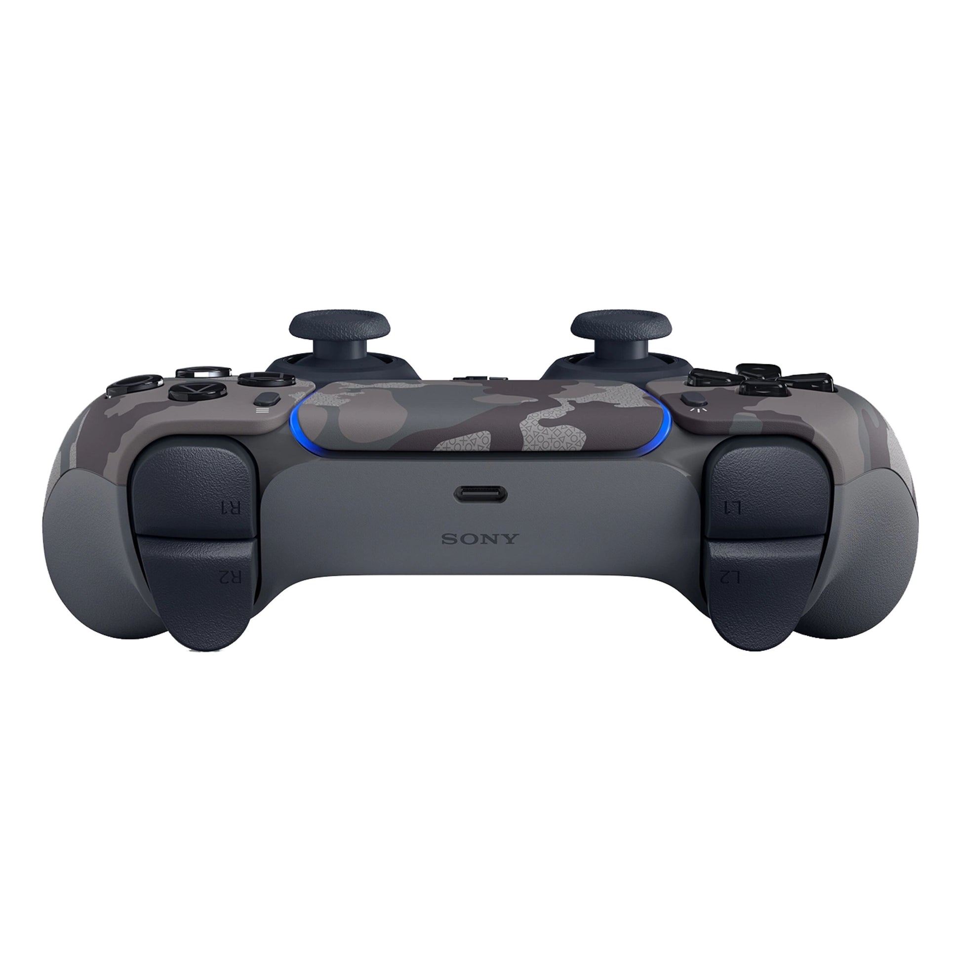 PlayStation 5 DualSense V3 trådløs controller Grey Camo sæt forfra med camouflage-design, analoge pinde, knapper og USB-port.