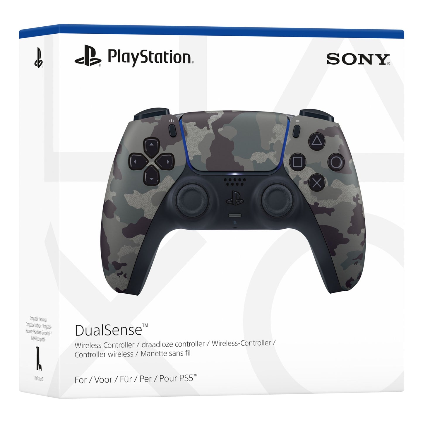 Sony DualSense V3 trådløs controller Grey Camo på forsiden af produktæske med PlayStation-logo.