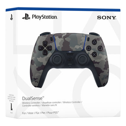 Sony DualSense V3 trådløs controller Grey Camo på forsiden af produktæske med PlayStation-logo.