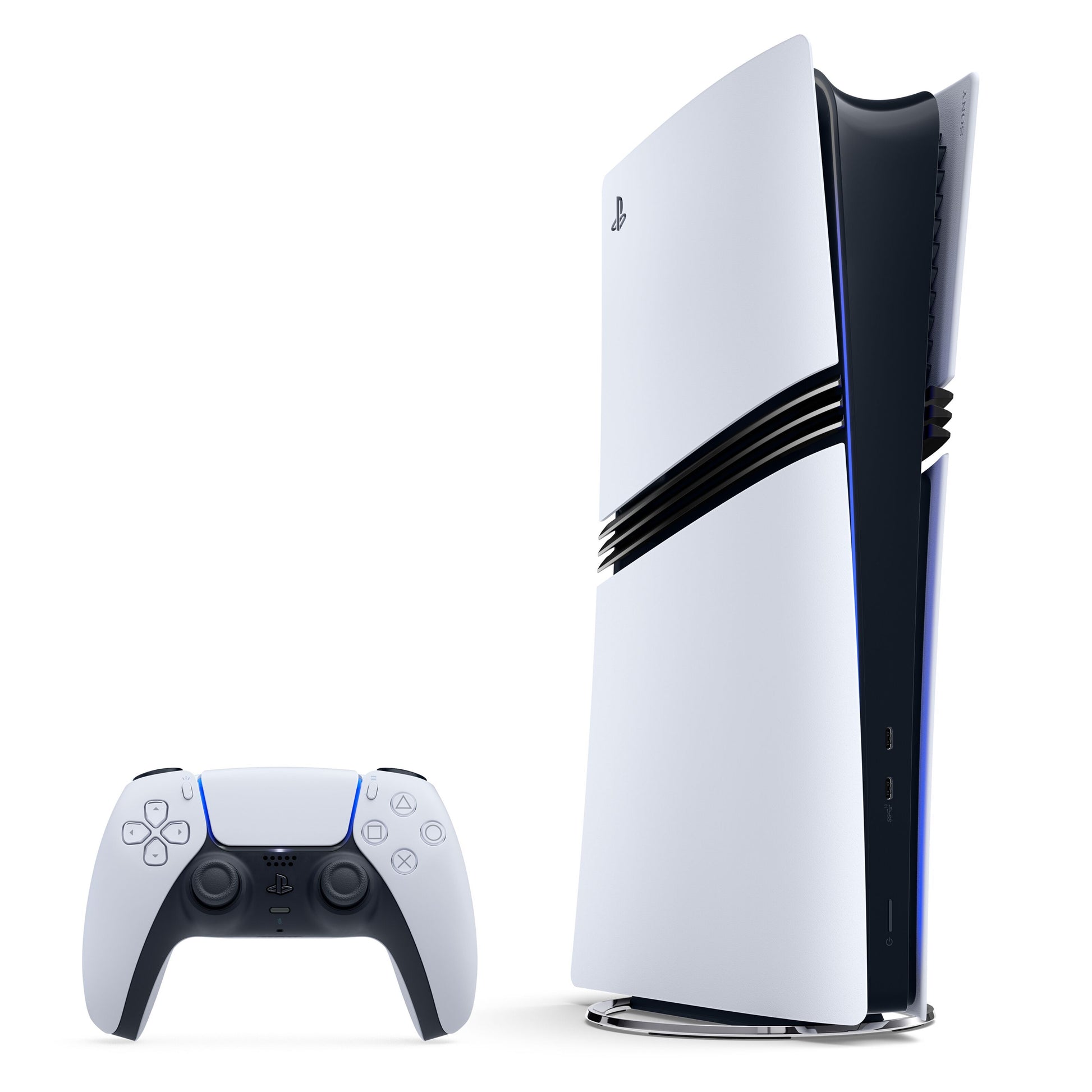 Sony PlayStation 5 Pro spilkonsol stående vertikalt med ray tracing, hvid trådløs controller med sorte detaljer.