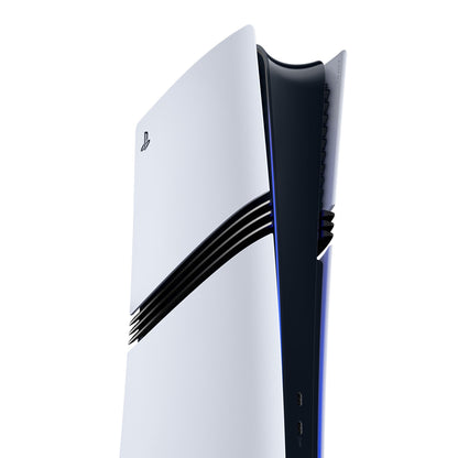 Sony PlayStation 5 Pro spilkonsol, hvid og sort med blå lysdetaljer, front USB-porte og ray tracing.