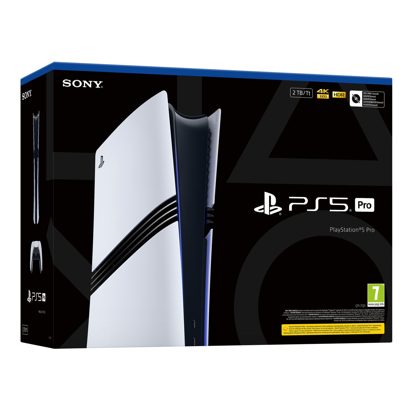 PlayStation 5 Pro konsolæske med PS5 Pro-logo, 2 TB SSD, raytracing, 4K HDR, aldersmærkning 7, Sony-branding.