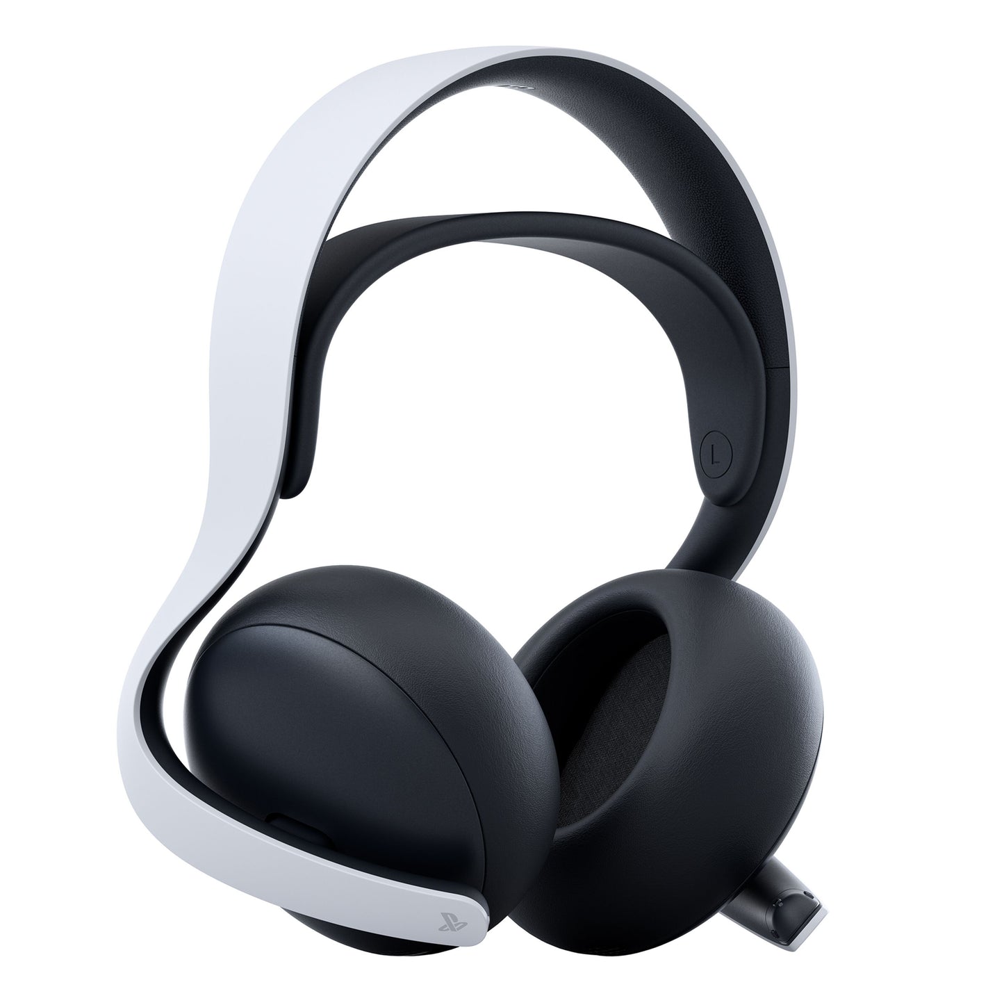 PlayStation PULSE Elite trådløst headset hvid/sort med over-ear puder, polstret bøjle og PlayStation-logo på ørekoppen.