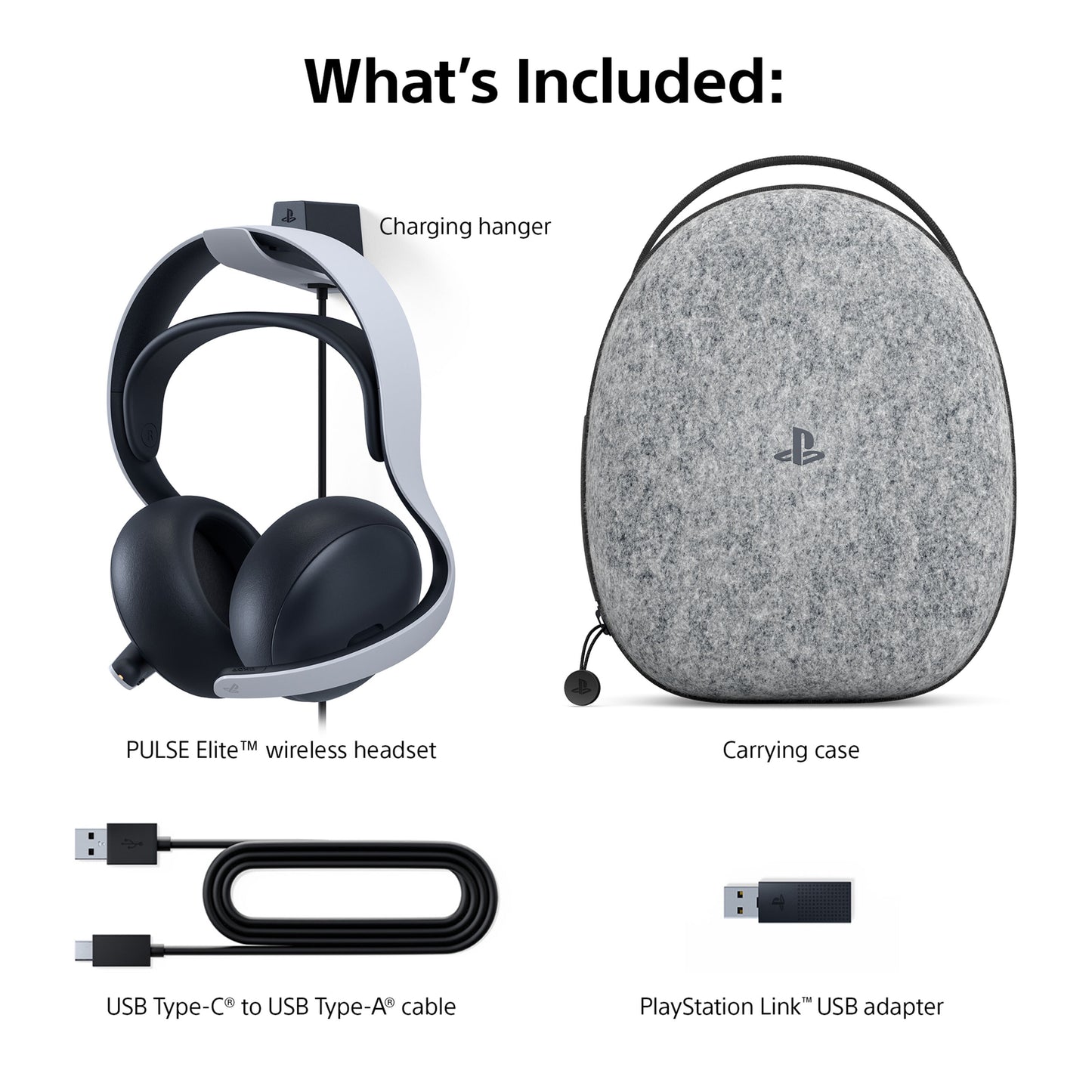 Sony PlayStation PULSE Elite trådløst headset med opladningsbeslag, gråt etui, USB Type-C til A-kabel og PlayStation Link-adapter.