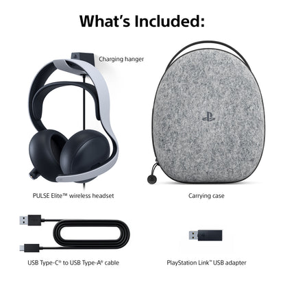 Sony PlayStation PULSE Elite trådløst headset med opladningsbeslag, gråt etui, USB Type-C til A-kabel og PlayStation Link-adapter.
