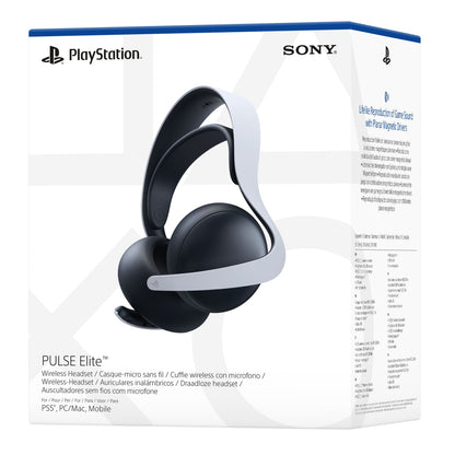 PlayStation PULSE Elite Trådløst headset sort/hvid på æske, PlayStation Link-logo og detaljer på flere sprog.