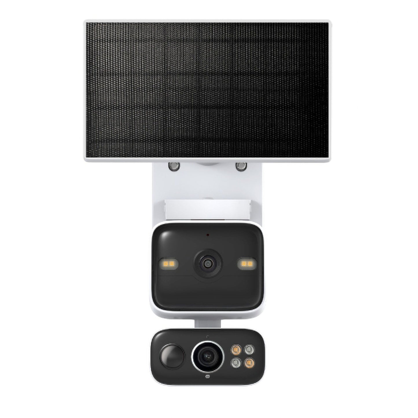 TP-Link Tapo C645D trådløs overvågningskamera med dual linser, farvenatvision, LED, sort solpanel og batteri på hvidt beslag.