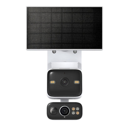 TP-Link Tapo C645D trådløs overvågningskamera med dual linser, farvenatvision, LED, sort solpanel og batteri på hvidt beslag.