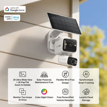 TP-Link Tapo C645D overvågningskamera med solpanel, batteri, vægmontering, 2K ultra-wide view, farvenatvision, Google Home Alexa.
