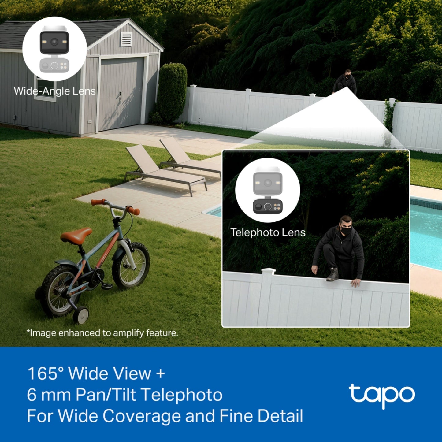 Tp-Link Tapo C645D trådløs overvågningskamera med 165° vidvinkel, telefoto, farvenatvision og hegnsovervågning.