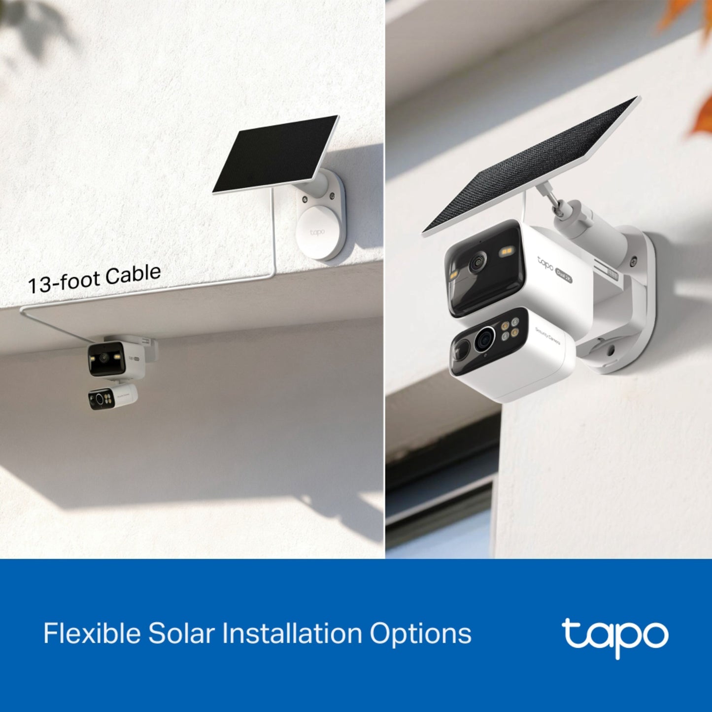 TP-Link Tapo C645D trådløse overvågningskameraer med solpanel, forskelligt vægmonteret, 13 fods kabel, Tapo-logo.