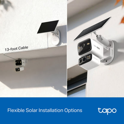 TP-Link Tapo C645D trådløse overvågningskameraer med solpanel, forskelligt vægmonteret, 13 fods kabel, Tapo-logo.