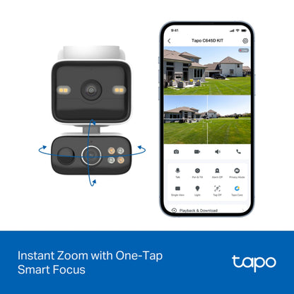 TP-Link Tapo C645D trådløst overvågningskamera, smartphone med kameravisning, tekst: Øjeblikkelig zoom, Tapo-logo.