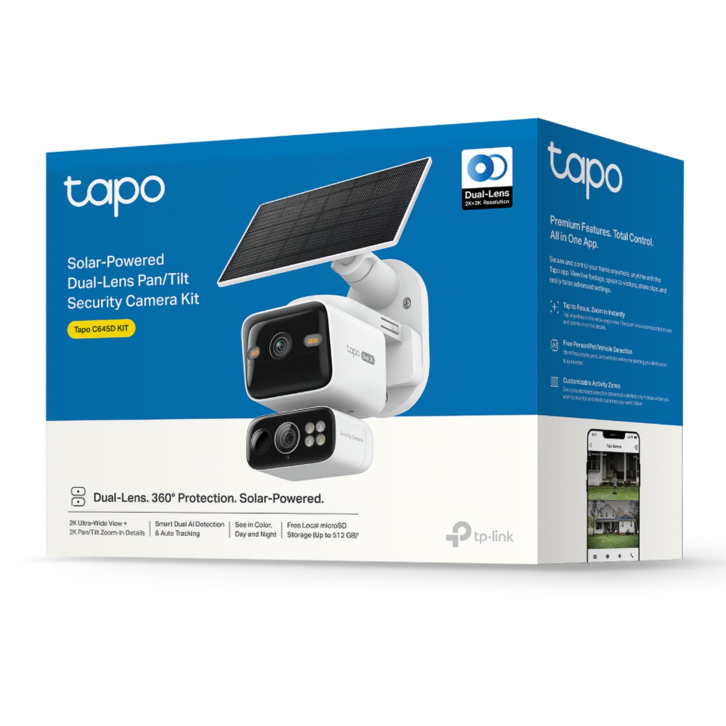 TP-Link Tapo C645D trådløs overvågningskamera blå/hvid æske viser kamera, solpanel, batteri og mobil med app.