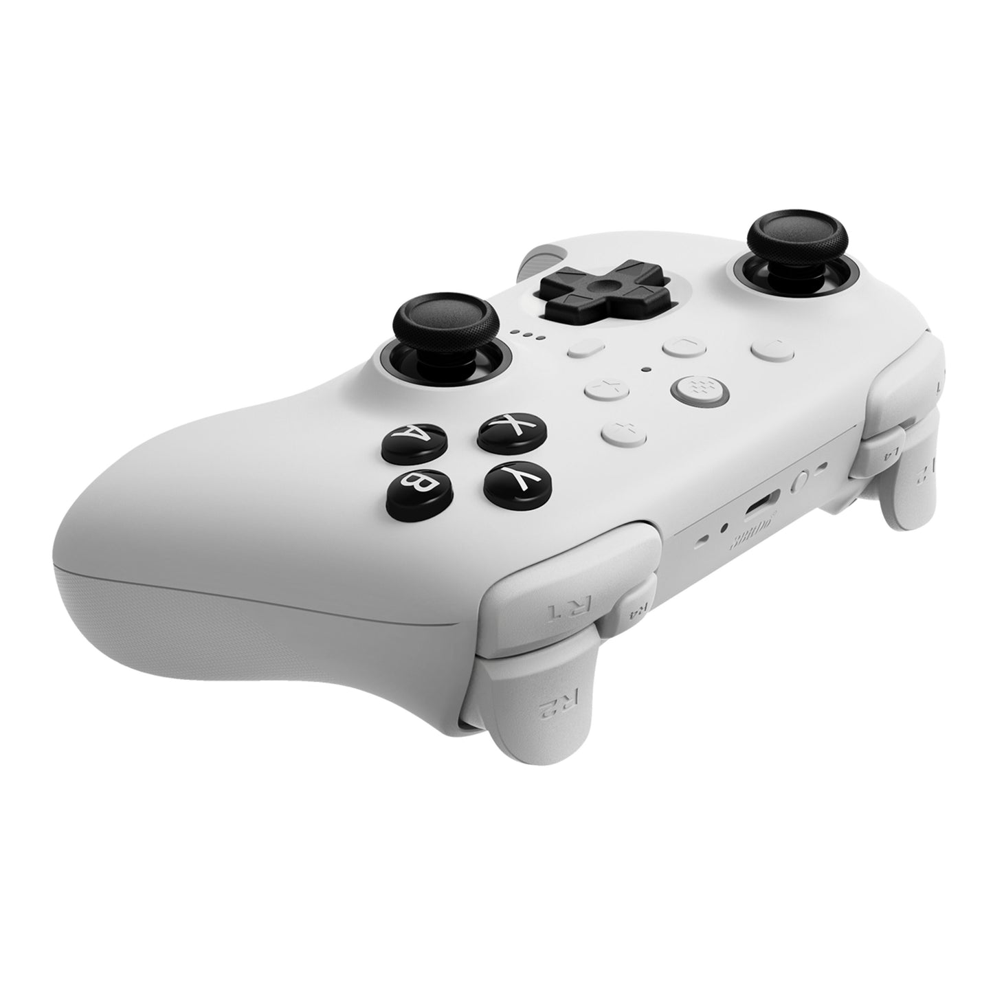 8Bitdo Ultimate 2 Bluetooth Controller Hvid med Hall Effect sorte analog-sticks, D-pad og Y/X/B/A knapper til Nintendo Switch.