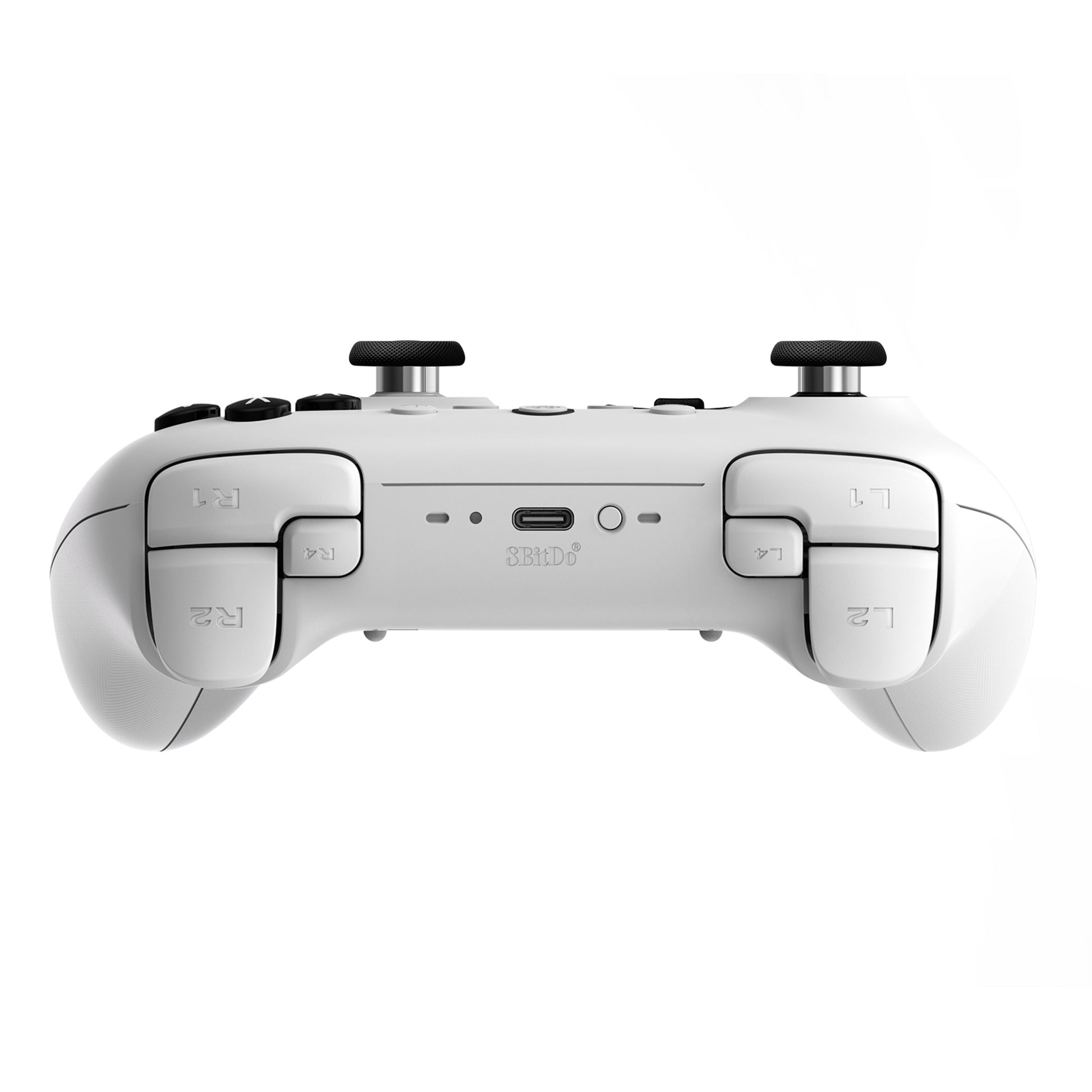 8Bitdo Ultimate 2 Bluetooth Controller Hvid topvinkel med L1, L2, R1, R2 skulderknapper, Hall Effect-sticks og USB-C port.