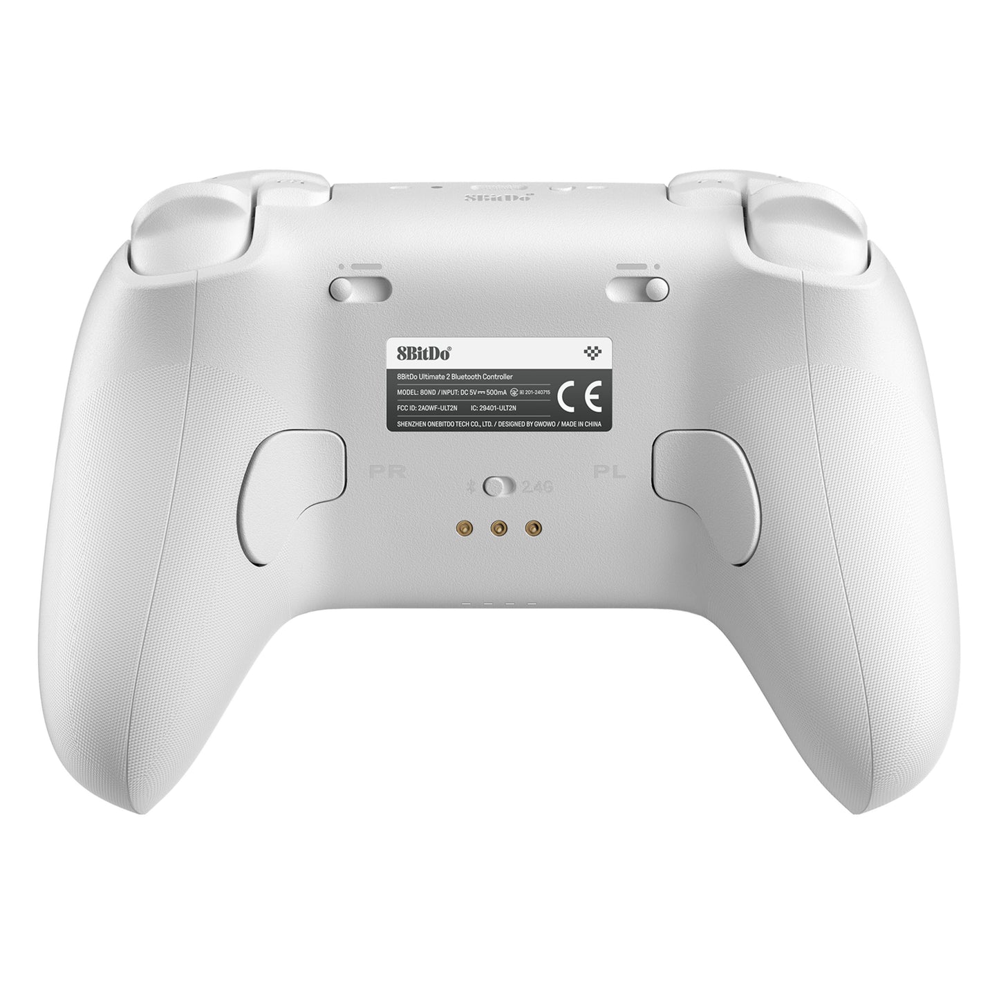 8Bitdo Ultimate 2 Bluetooth Controller Hvid bagfra med buede greb, Hall Effect-triggere, centerlabel, til Nintendo Switch.