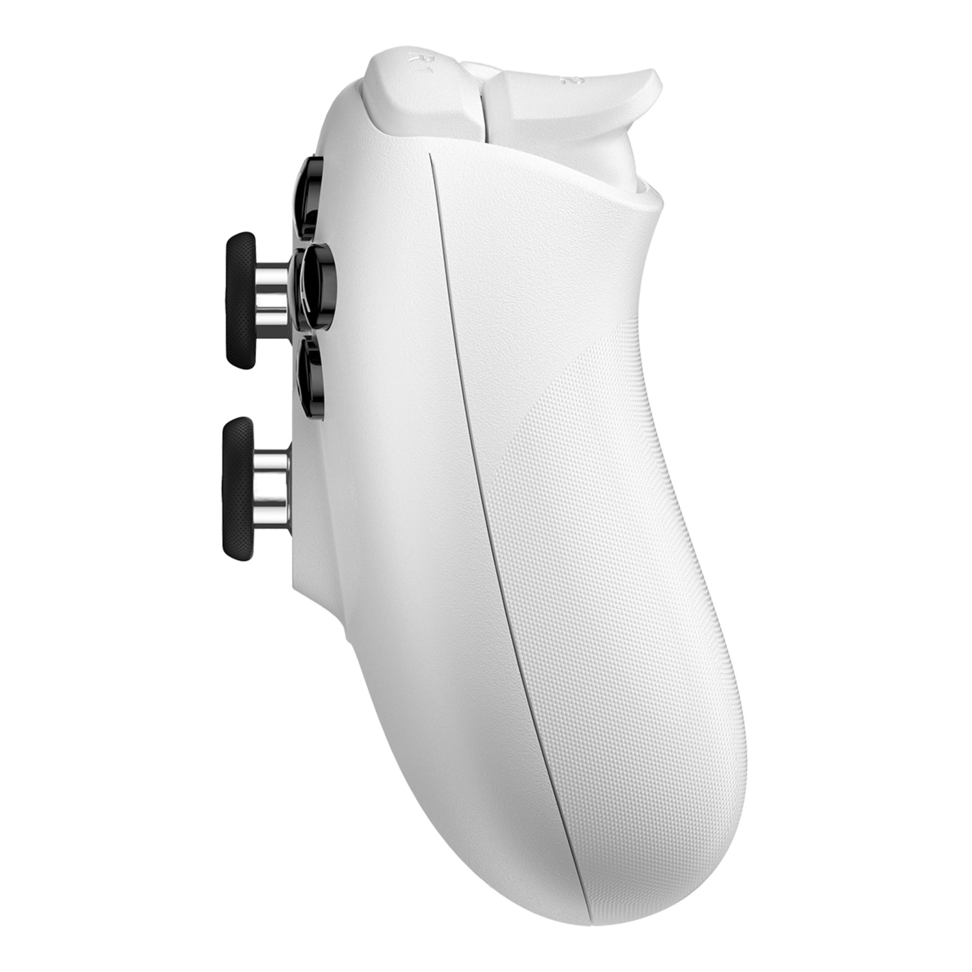 8Bitdo Ultimate 2 Bluetooth Controller Hvid set fra siden med greb, skulderknapper og tre Hall Effect analoge thumbsticks.
