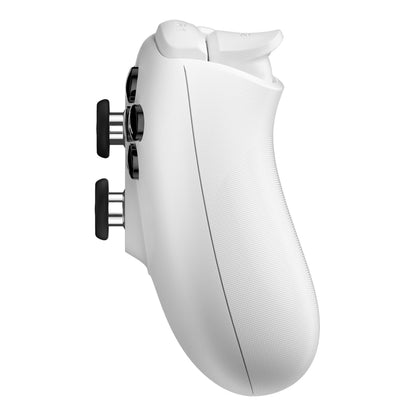 8Bitdo Ultimate 2 Bluetooth Controller Hvid set fra siden med greb, skulderknapper og tre Hall Effect analoge thumbsticks.