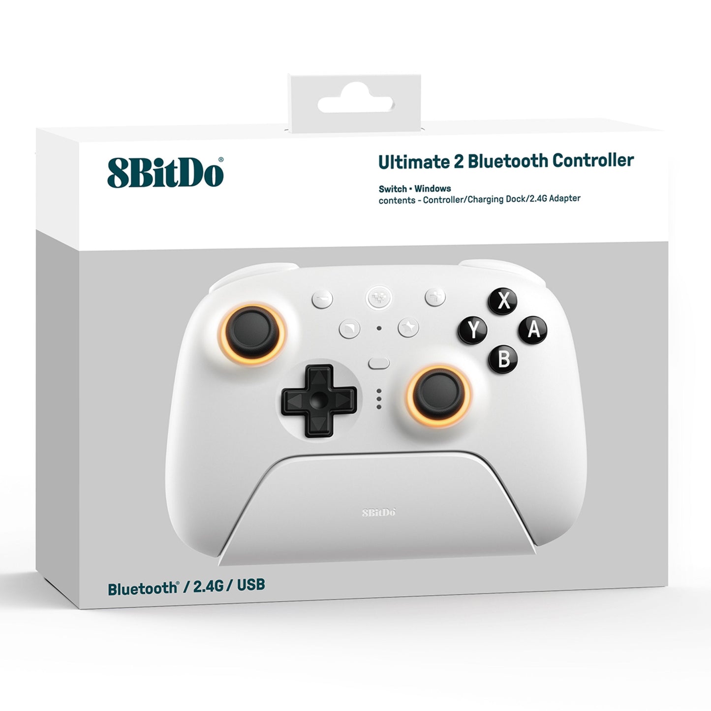8Bitdo Ultimate 2 Bluetooth Controller Hvid, sorte knapper, Hall Effect-triggere, kompatibel med Nintendo Switch og Windows.