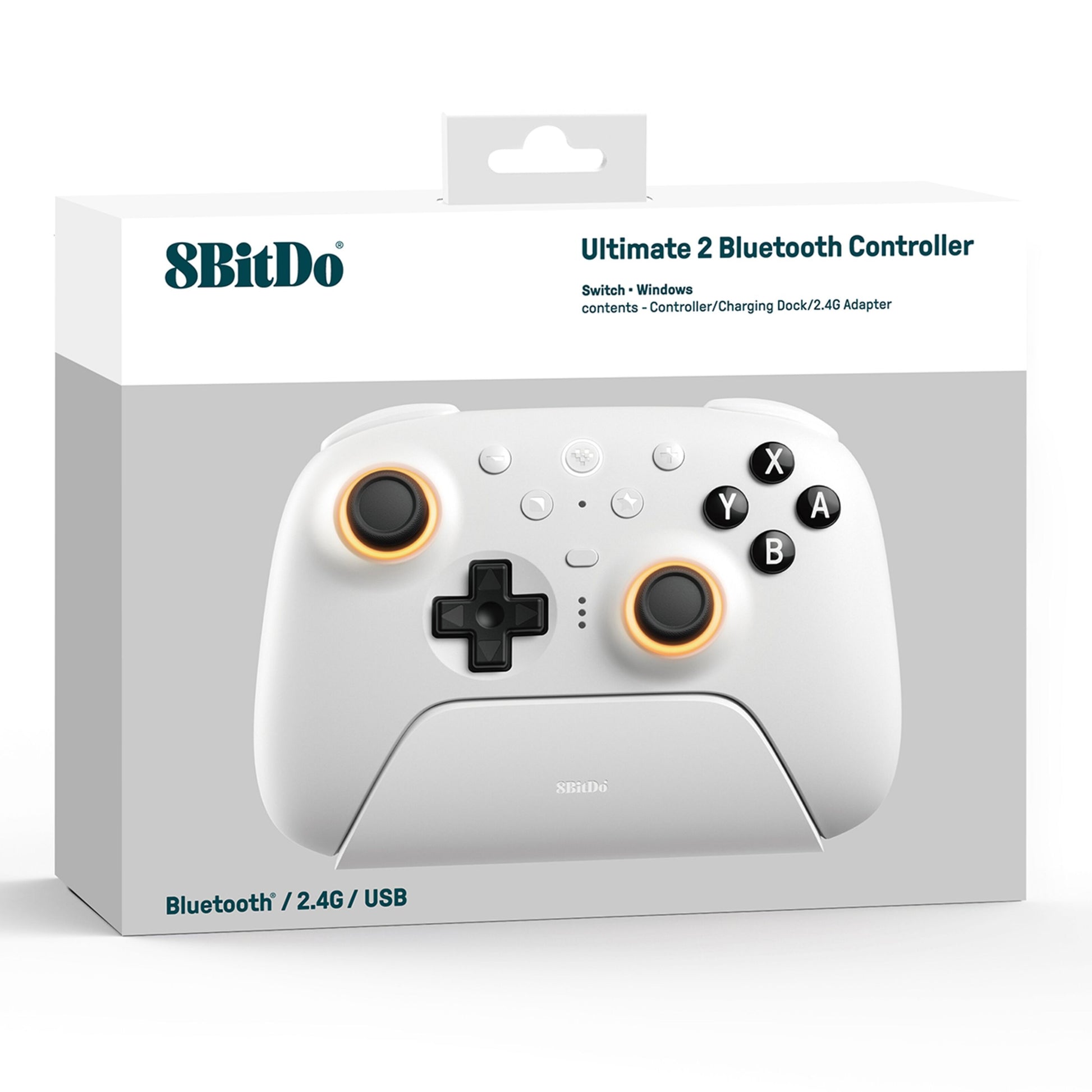 8Bitdo Ultimate 2 Bluetooth Controller Hvid, sorte knapper, Hall Effect-triggere, kompatibel med Nintendo Switch og Windows.