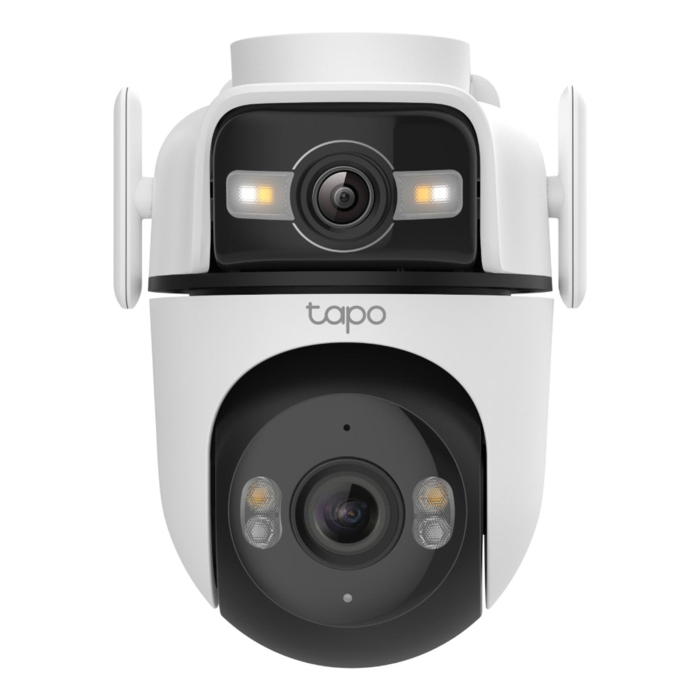 TP-Link Tapo C545D overvågningskamera med dobbelte linser, to antenner, LED-lys, 2K opløsning, tapo-logo, IP66, wifi.