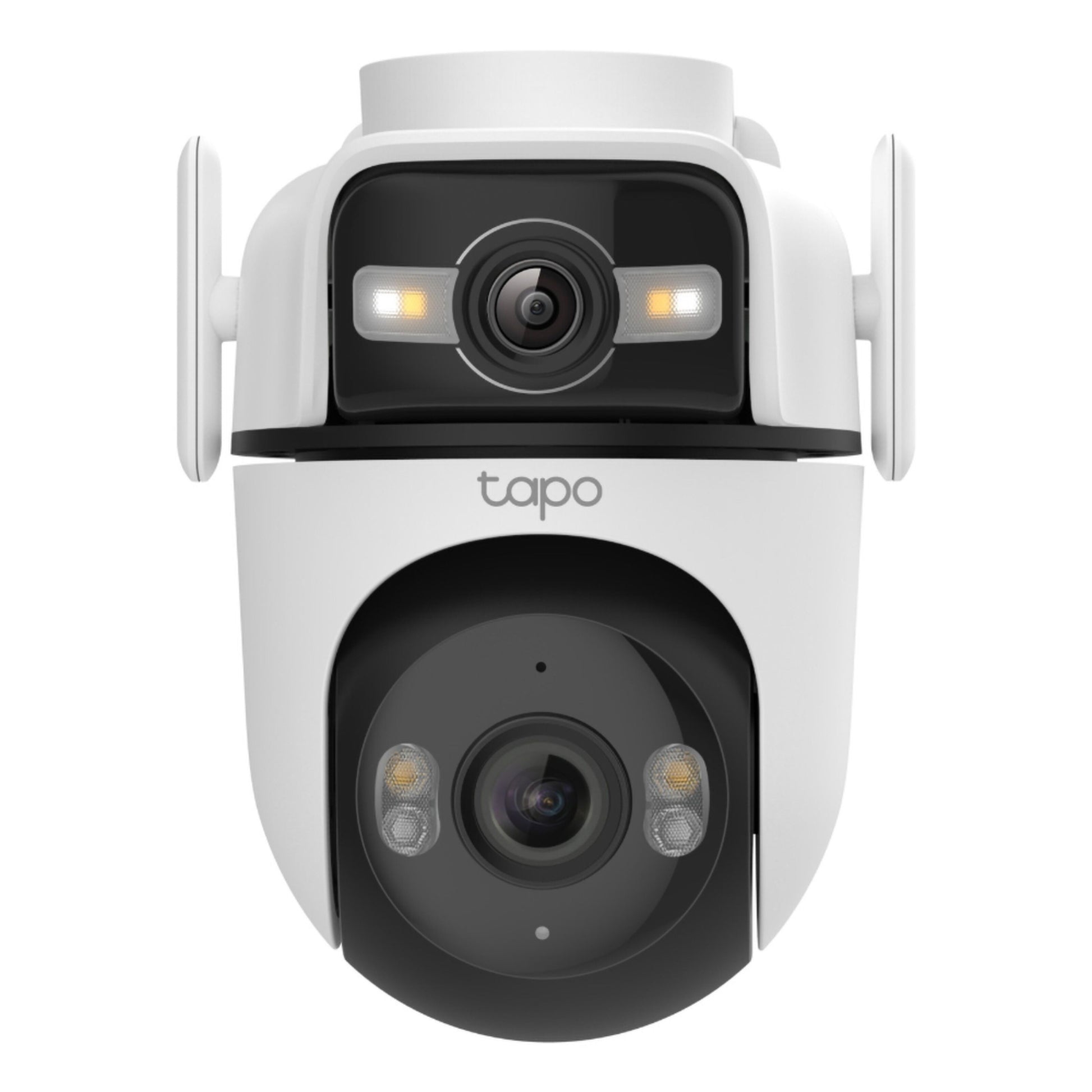 TP-Link Tapo C545D overvågningskamera med dobbelte linser, to antenner, LED-lys, 2K opløsning, tapo-logo, IP66, wifi.