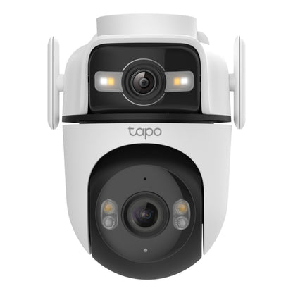 TP-Link Tapo C545D overvågningskamera med dobbelte linser, to antenner, LED-lys, 2K opløsning, tapo-logo, IP66, wifi.