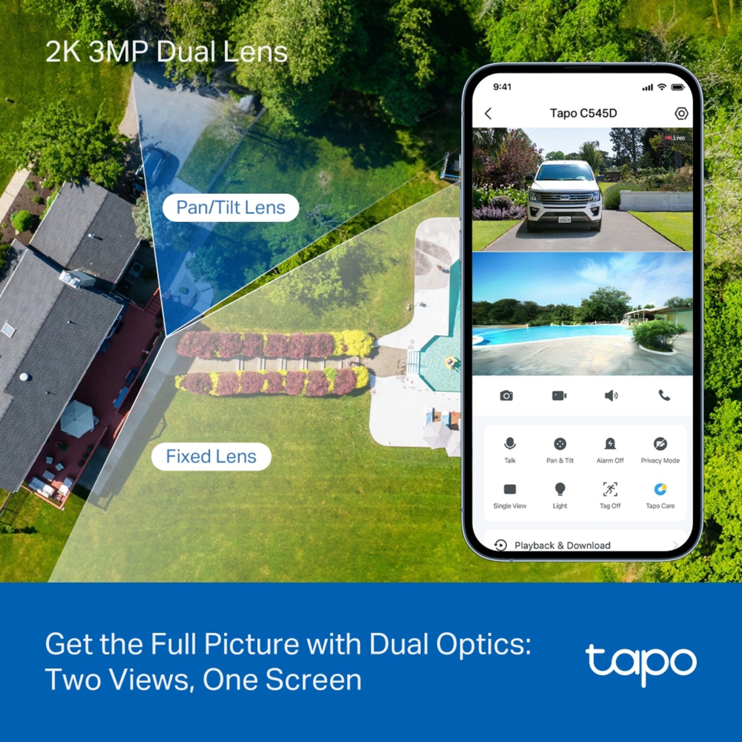 TP-Link Tapo C545D overvågningskamera 2K IP66 wifi, dobbelte linser, mobil viser to 2K visninger, tekst: dobbelte optikker.
