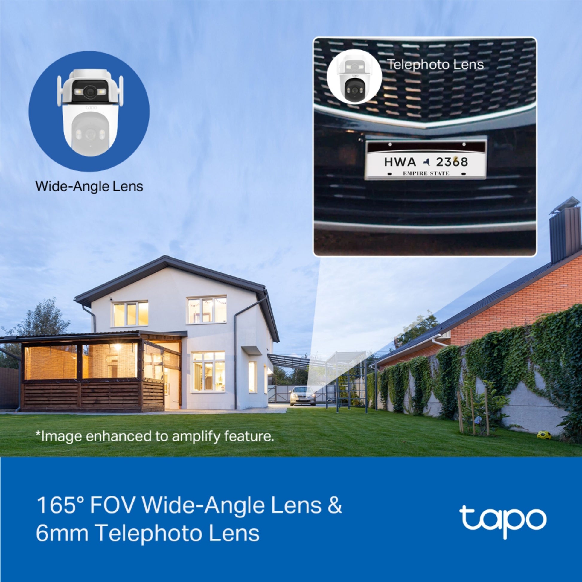 TP-Link Tapo C545D overvågningskamera 2K IP66 wifi, dobbelt linse, vidvinkel og zoom på nummerplade, Tapo-logo nederst.