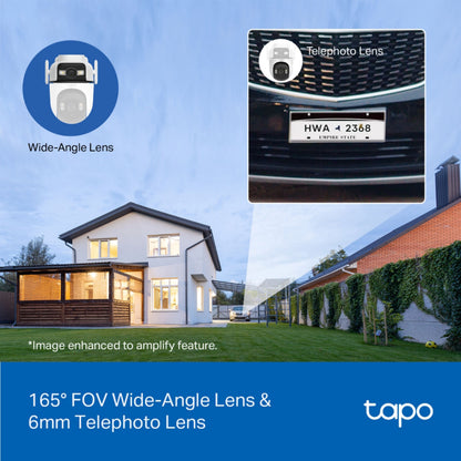 TP-Link Tapo C545D overvågningskamera 2K IP66 wifi, dobbelt linse, vidvinkel og zoom på nummerplade, Tapo-logo nederst.