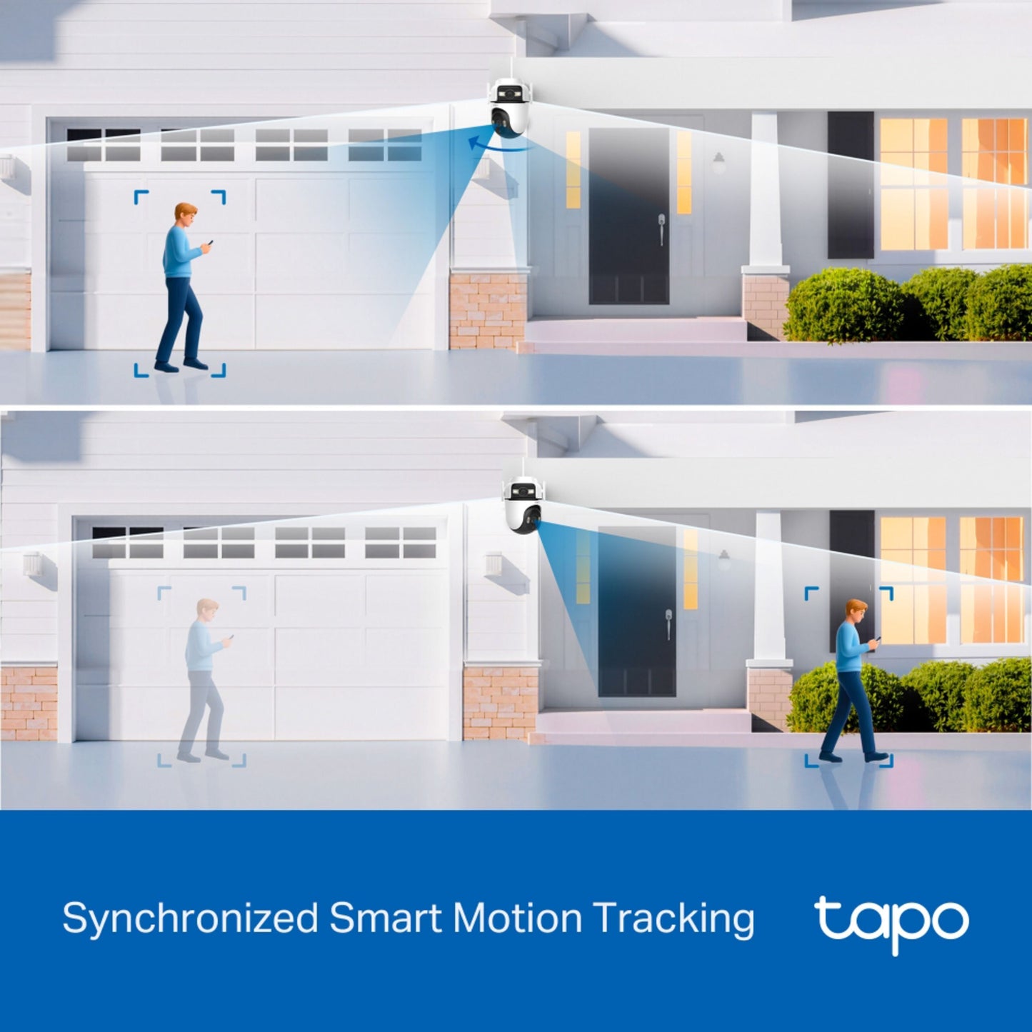 TP-Link Tapo C545D overvågningskamera dobbelte linser 2K IP66 wifi udendørs, tekst: Synkroniseret smart bevægelsessporing tapo.