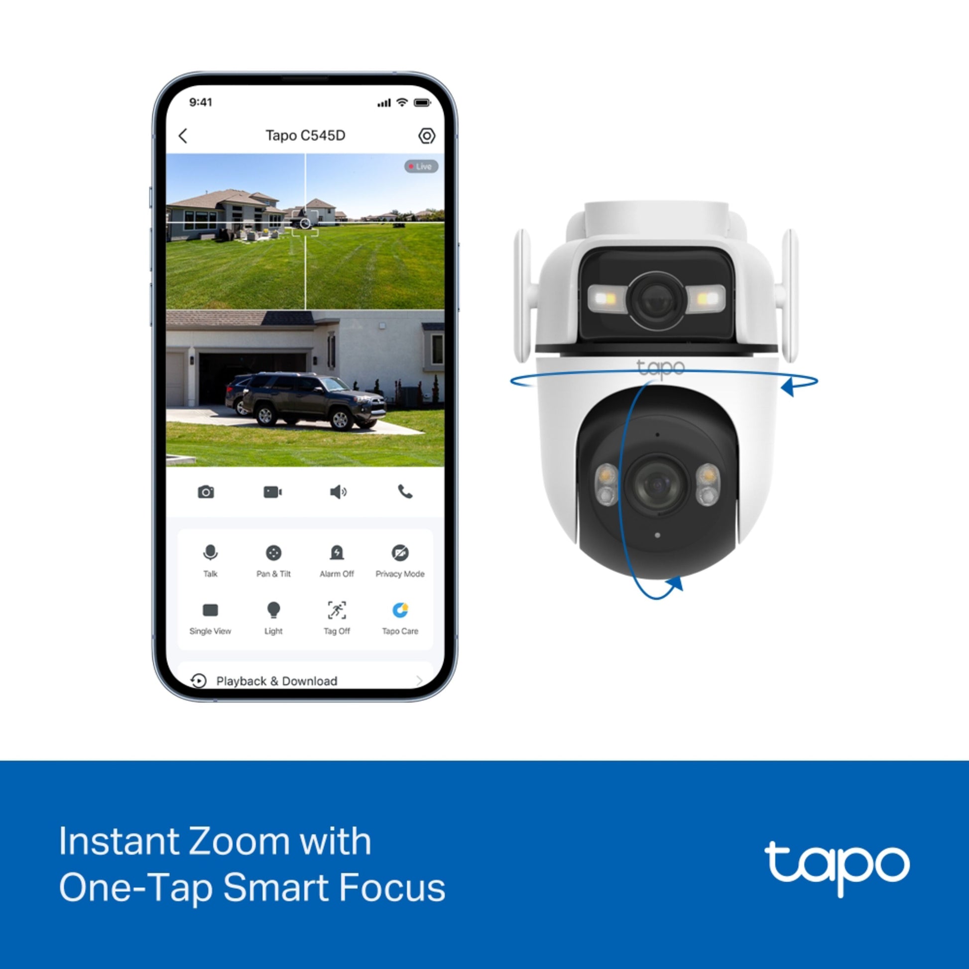 TP-Link Tapo C545D overvågningskamera 2K dobbel linse IP66 vist i mobilapp med gård og bil, Tapo logo og zoom-banner.