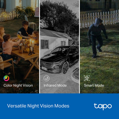 TP-Link Tapo C545D overvågningskamera, natvision, visning af farve-, infrarød- og smart night vision, tekst: Alsidige Night Vision-muligheder.