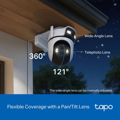 TP-Link Tapo C545D overvågningskamera med dobbelte linser, 2K opløsning, 360° pan, 121° tilt, justerbar vidvinkel.