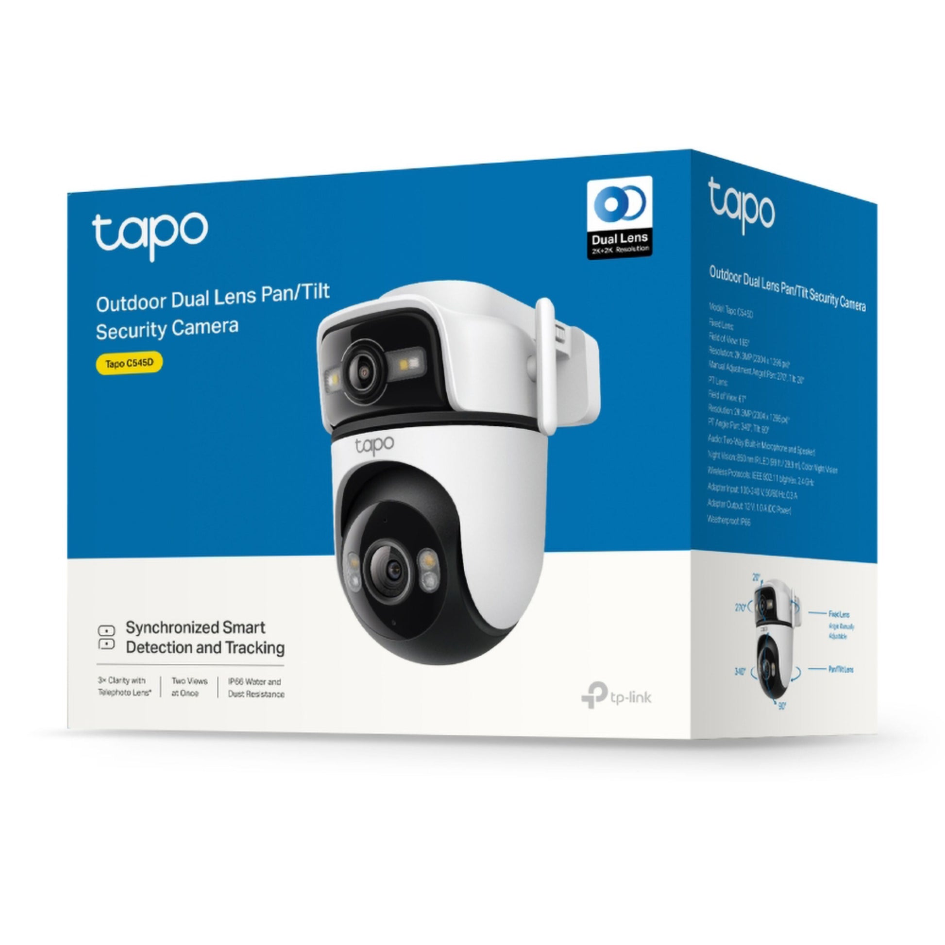 Tapo C545D overvågningskamera æske, blå og hvid, dobbelte linser, smart detection og 2K opløsning.