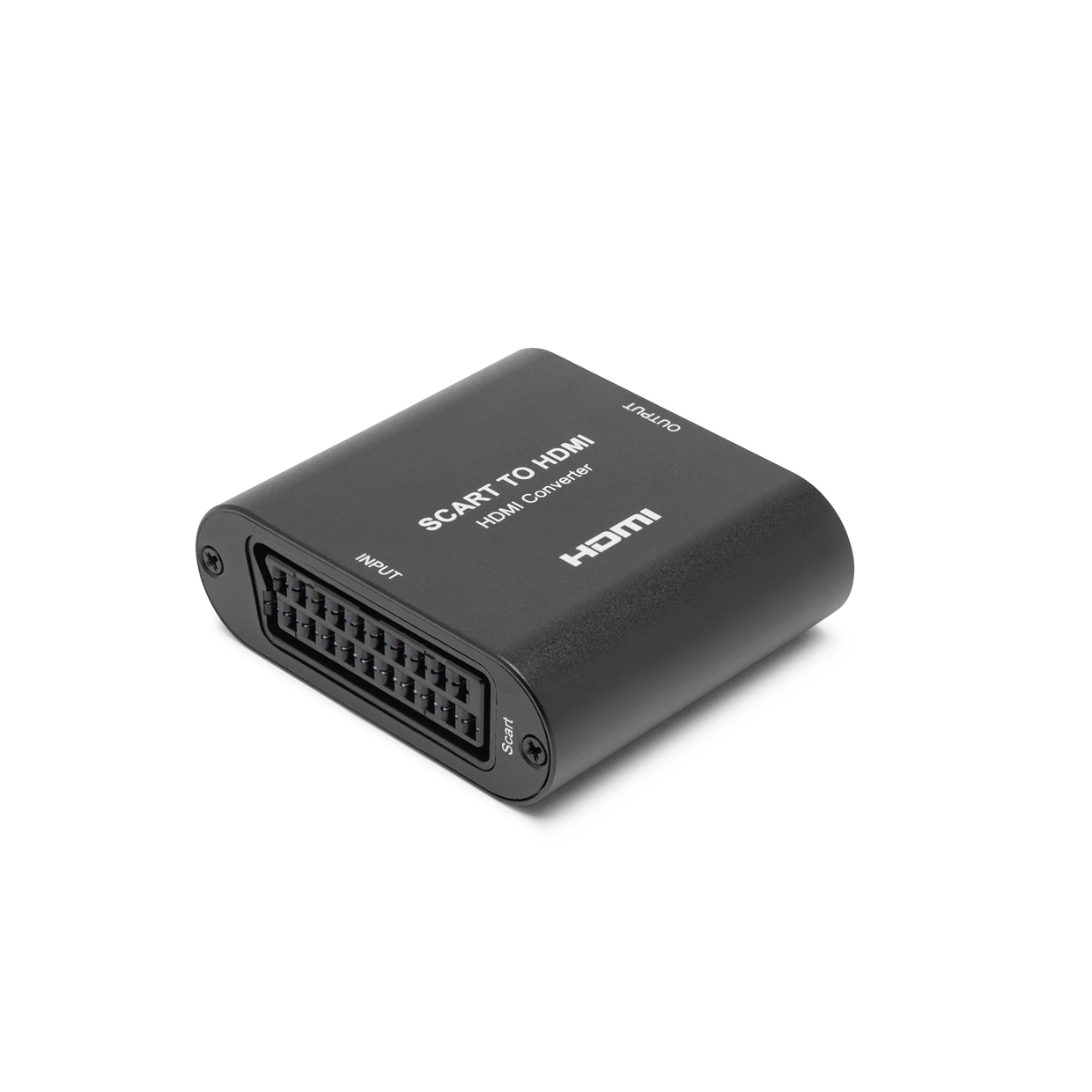 Luxorparts Scart til HDMI-konverter med mærkede indgangs-/udgangsporte og analog-til-digital konvertering.